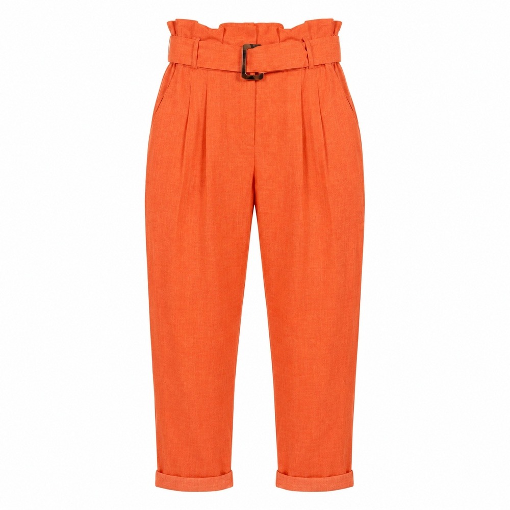 Ovi Orange Linen Blend Paperbag Waist CroppedPants Medium Coastal Grandmother